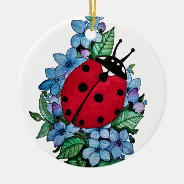 Wasserfarbener Niedlicher Ladybird mit blauen Blum Keramik Ornament (Vorne)