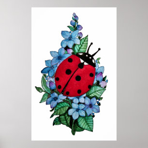 Wasserfarbener Niedlicher Ladybird mit blauen Blum Poster