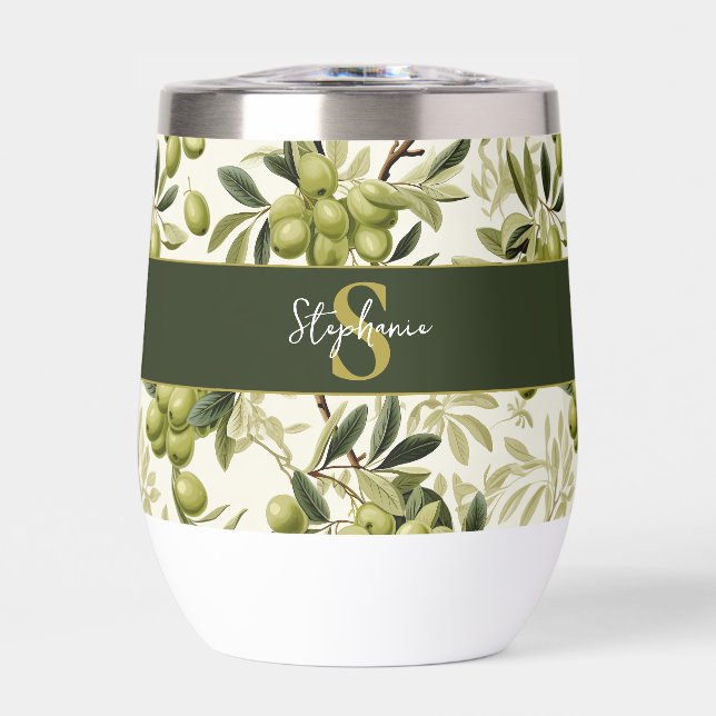 Wasserfarbener Olivenzweig-Muster-Monogramm-Name (Vorderseite)