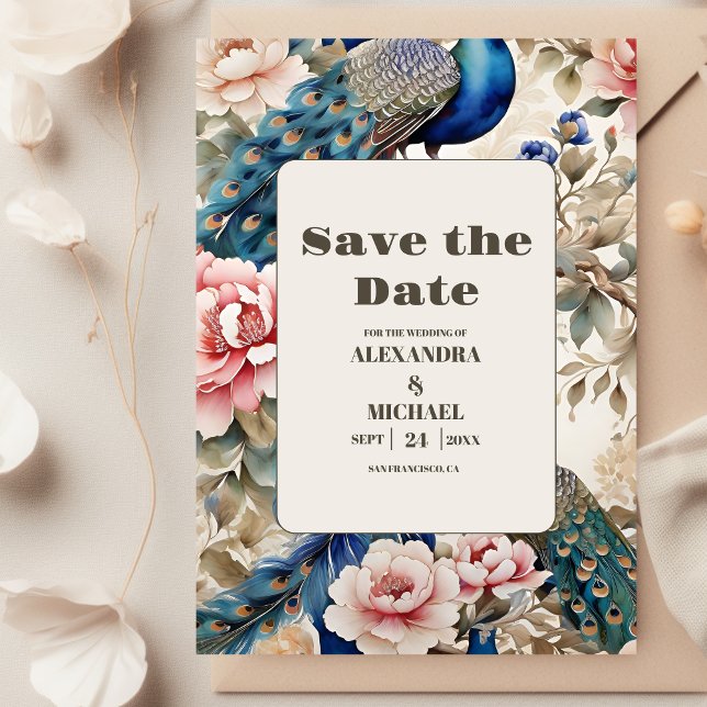 Wasserfarbener Pfauenpfau Chinoiserie Save The Date (Von Creator hochgeladen)