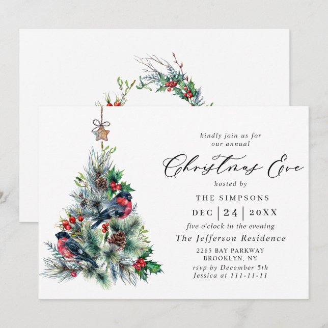 Wasserfarbener Pine Tree Chic Holiday Christmas Ev Einladung (Vorne/Hinten)