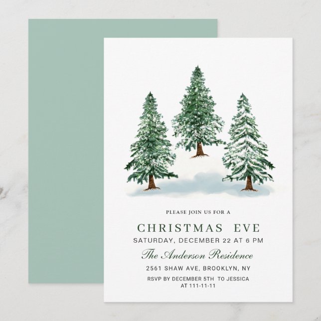 Wasserfarbener Pine Tree Chic Weihnachtsabend Einladung (Vorne/Hinten)
