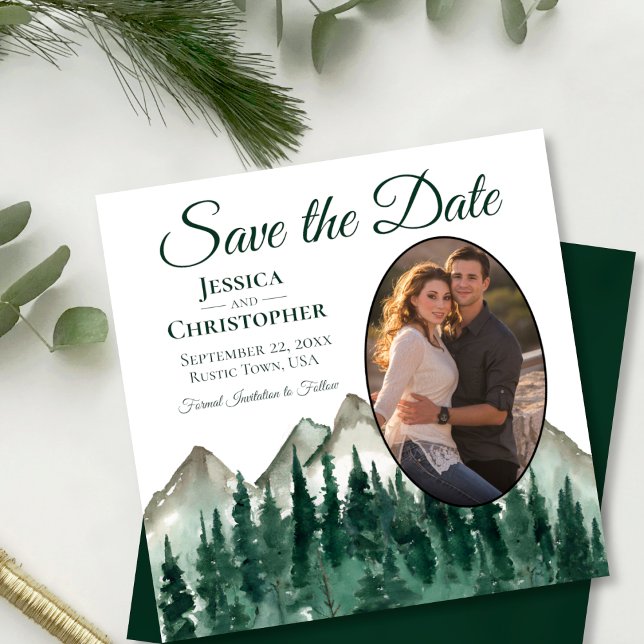 Wasserfarbener Pinienwald Oval Foto Hochzeit Save The Date (Von Creator hochgeladen)