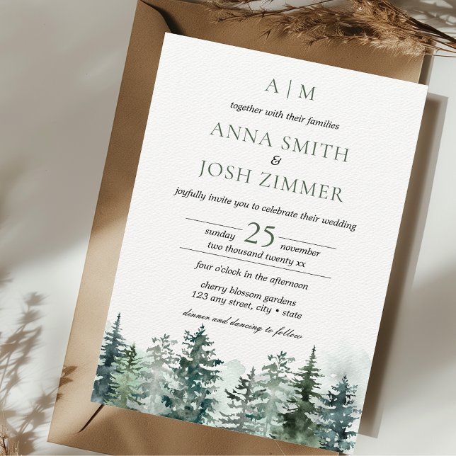 Wasserfarbener Pinienwald Rustikale Hochzeit Einladung (Pine Tree Forest Wedding Invitation Outdoor Mountain Lakeside Nature Cosy Rustic Green Unique)