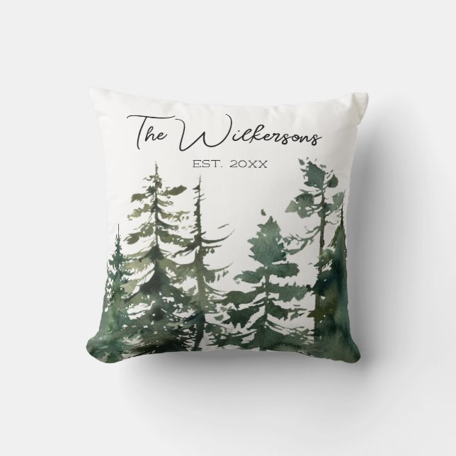 Wasserfarbener Pinienwald und Familienname Kissen (Vorderseite)