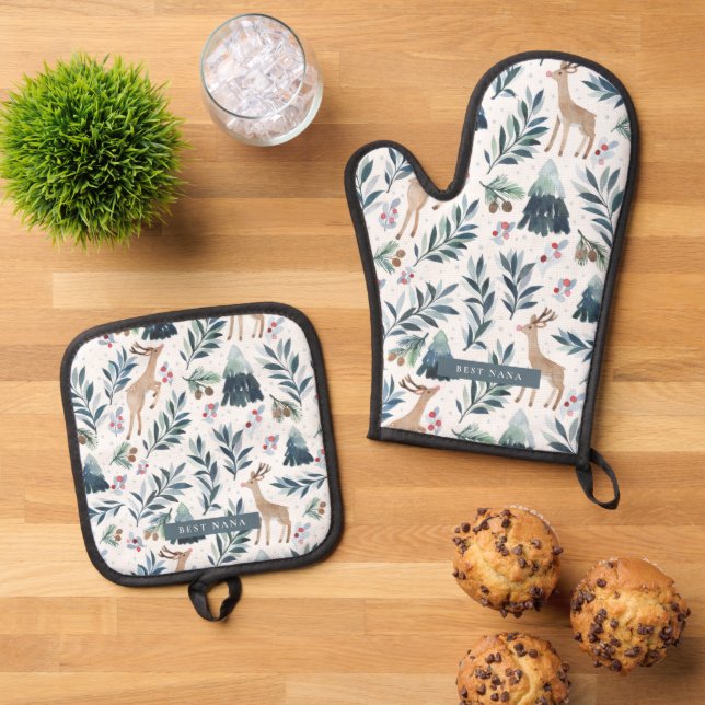 Wasserfarbener Rentier im Wald Weihnachten Ofenhandschuh & Topflappen-Set (Oben Unten)