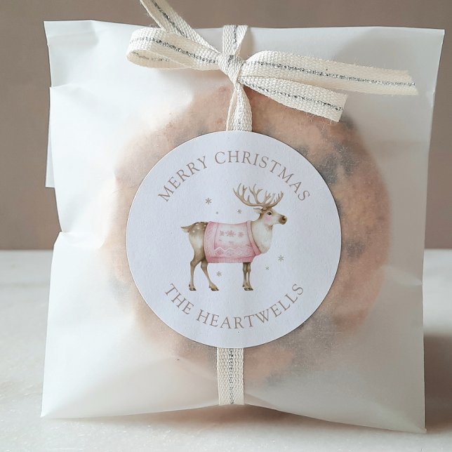 Wasserfarbener Rentier Personalisiert Frohe Weihna Runder Aufkleber (Von Creator hochgeladen)