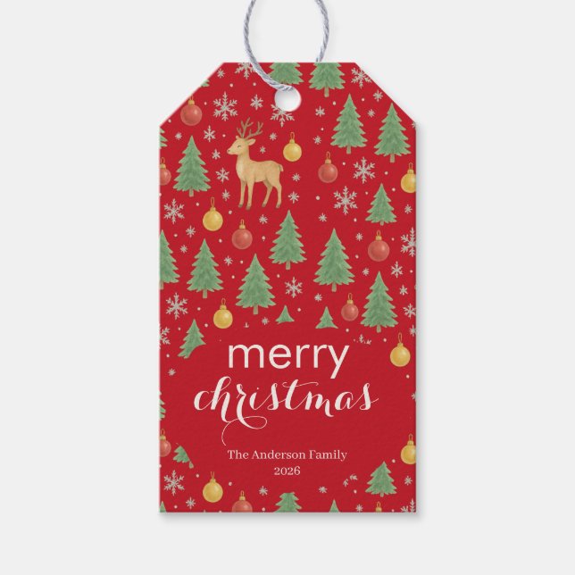 Wasserfarbener Rentier und Christbaum - Geschenkanhänger (Vorderseite)