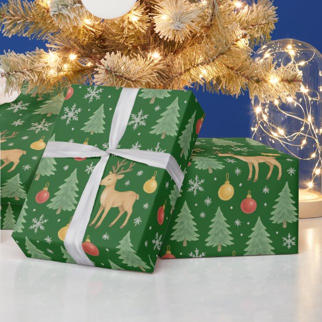Wasserfarbener Rentier und Christbaum - Geschenkpapier (Feiertage)