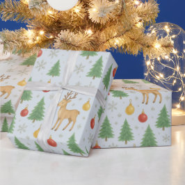 Wasserfarbener Rentier und Christbaum - Geschenkpapier