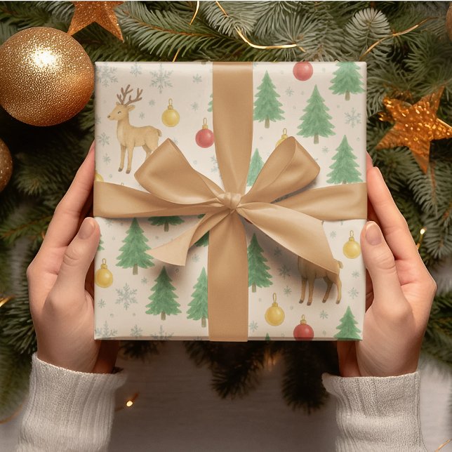 Wasserfarbener Rentier und Christbaum - Geschenkpapier (Von Creator hochgeladen)