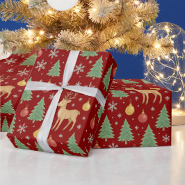 Wasserfarbener Rentier und Christbaum - Geschenkpapier