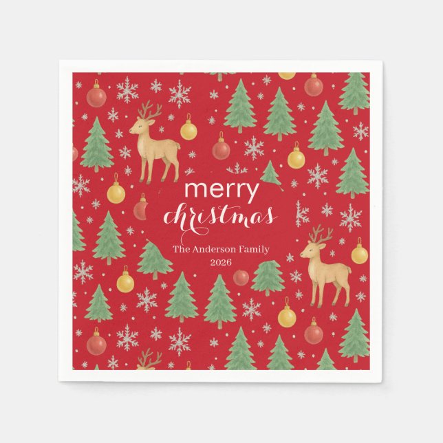 Wasserfarbener Rentier und Christbaum - Serviette (Vorderseite)