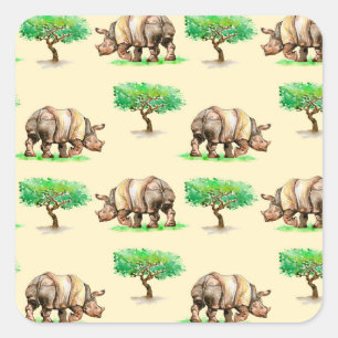 Wasserfarbener Rhino: Handgemalt Muster. Quadratischer Aufkleber