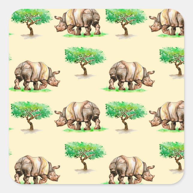 Wasserfarbener Rhino: Handgemalt Muster. Quadratischer Aufkleber (Vorderseite)