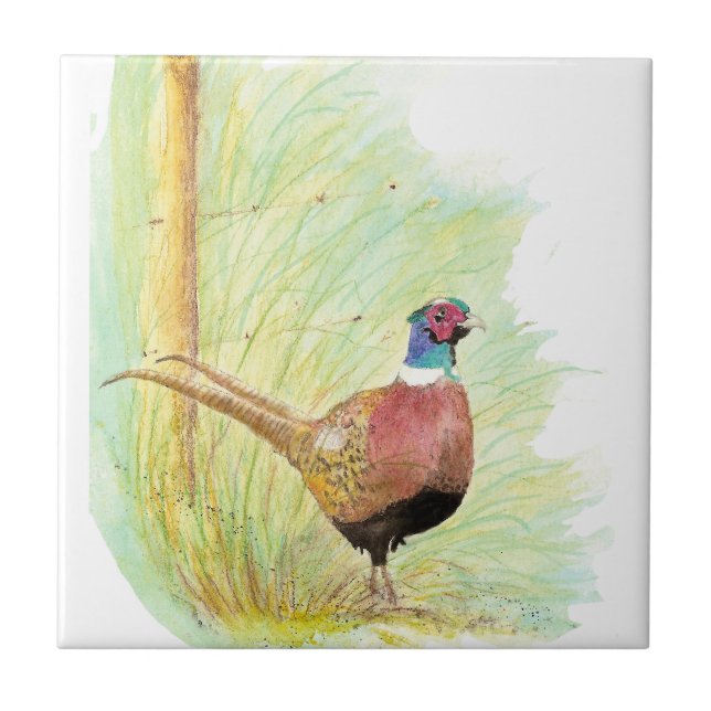 Wasserfarbener Ring Necked Pheasant Bird Art Fliese (Vorderseite)