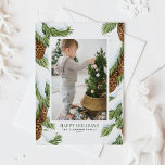 Wasserfarbener Schnee Pinecones Frohes Foto Feiertagskarte<br><div class="desc">Versenden Sie mit dieser bezaubernden Foto-Urlaubskarte Feriengruß an Familie und Freunden. Es zeigt Aquarellbilder von schneebedeckten Nadelkiefern und Kiefernnadeln. Die Texte sind vollständig editierbar. Personalisieren Sie diese durch Hinzufügen von Namen,  Nachricht,  Foto und anderen Details. Diese Aquarellkarte ist ideal für jeden Winterurlaub.</div>