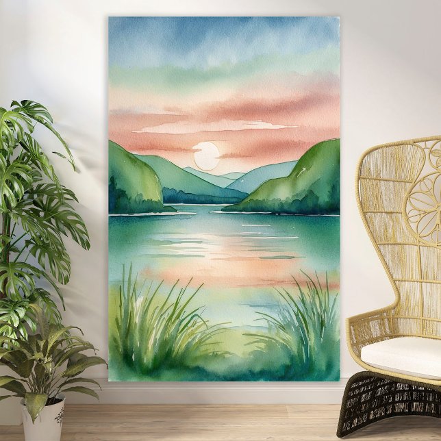 Wasserfarbener See Landschaft mit Bergen & Sonnenu Poster (Von Creator hochgeladen)