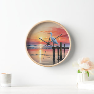 Wasserfarbener Sonnenaufgang mit Egret Uhr