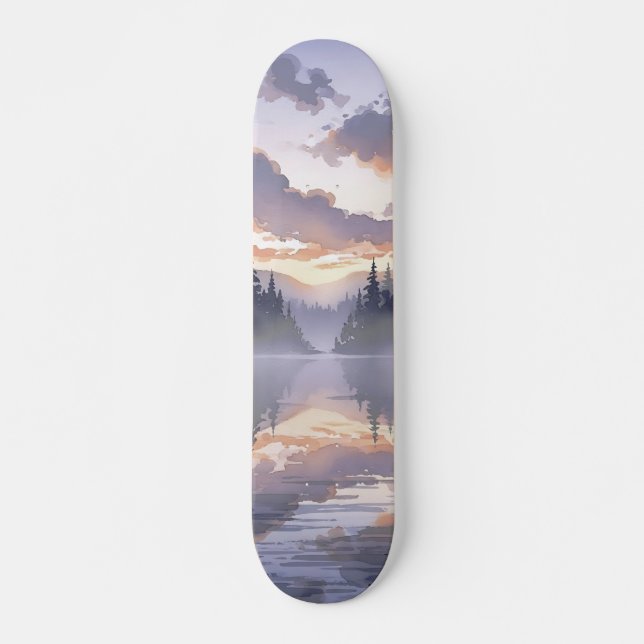 Wasserfarbener Sonnenaufgang - Serene Misty Mounta Skateboard (Vorne)