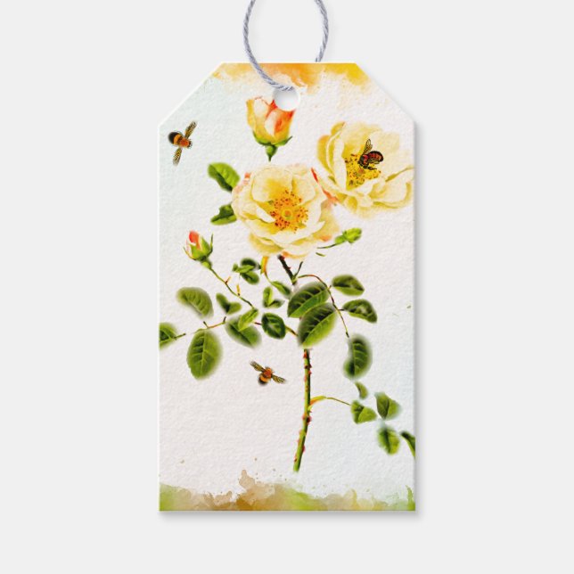 Wasserfarbener Stem aus Rose mit Bienen-Geschenkma Geschenkanhänger (Vorderseite)
