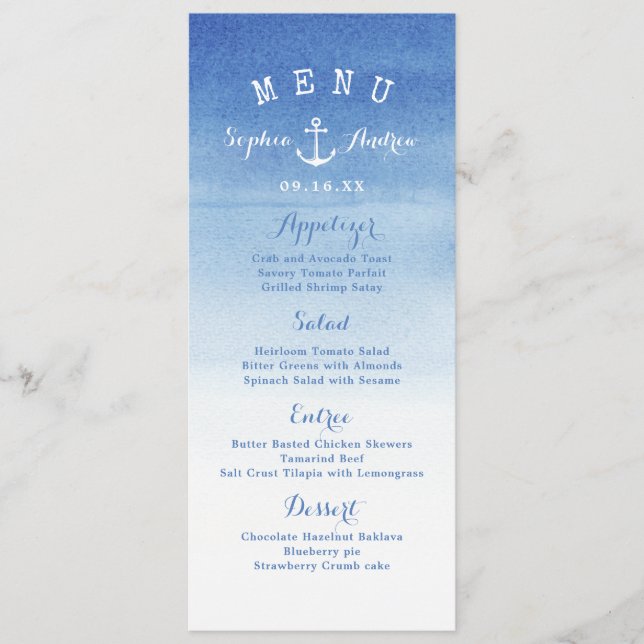 Wasserfarbener Strand Hochzeit nautischer Anker Ka Menükarte (Vorderseite)