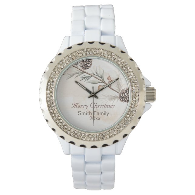 Wasserfarbener Weihnachtsbaum in neutraler Farbe Armbanduhr (Vorderseite)