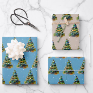 Wasserfarbener Weihnachtsbaum Schneeflocke Zeichne Geschenkpapier Set