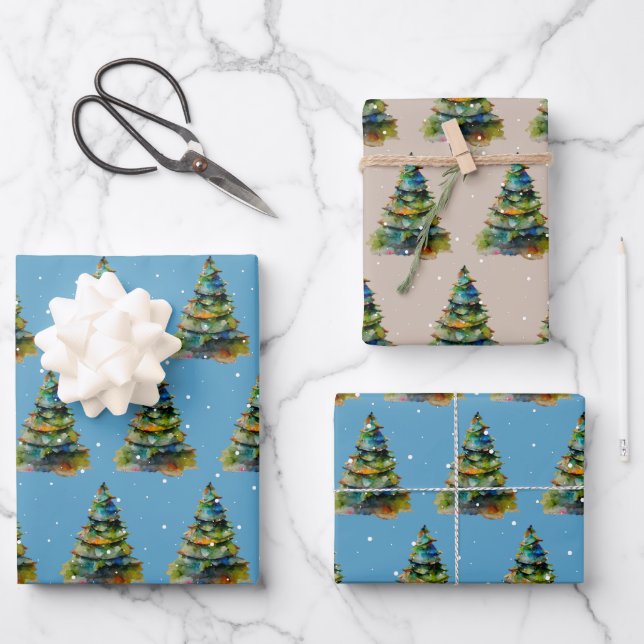 Wasserfarbener Weihnachtsbaum Schneeflocke Zeichne Geschenkpapier Set (Vorderseite)