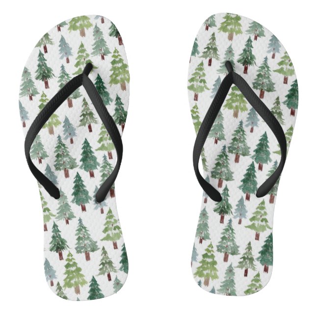  Wasserfarbener Winterwald mit rustikalem Pinienwa Flip Flops (Fußbett)