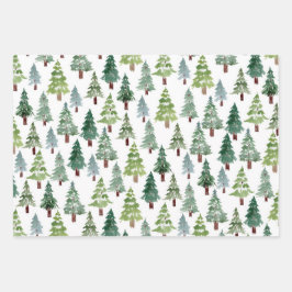 Wasserfarbener Winterwald mit rustikalem Pinienwal Geschenkpapier Set