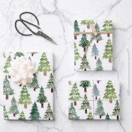 Wasserfarbener Winterwald mit rustikalem Pinienwal Geschenkpapier Set