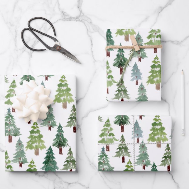 Wasserfarbener Winterwald mit rustikalem Pinienwal Geschenkpapier Set (Vorderseite)