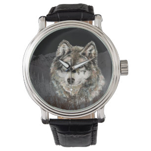 Wasserfarbener Wolf Bergsee-Zauber Armbanduhr