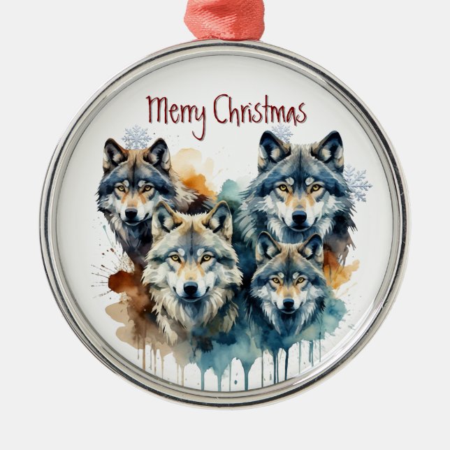Wasserfarbener Wolf Familie Tiere Naturschutz Ornament Aus Metall (Vorne)