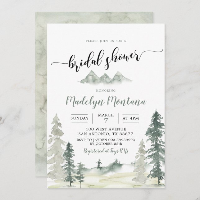 Wasserfarbenes Adventure Forest PineTree Brautpart Einladung (Vorne/Hinten)