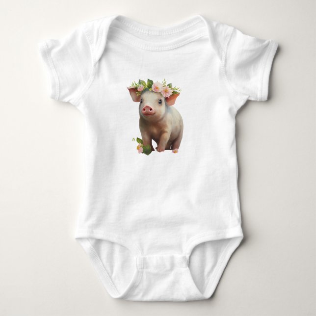 Wasserfarbenes Baby-Piglet mit Blume auf Kopf Baby Strampler (Vorderseite)