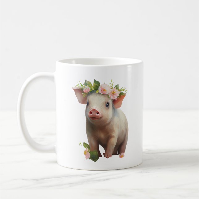 Wasserfarbenes Baby-Piglet mit Blume auf Kopf Kaffeetasse (Links)