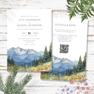 Wasserfarbenes Berg-Wildblumen-QR-Code-Hochzeit Einladung