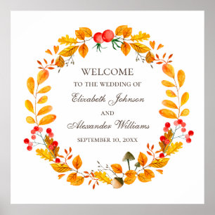Wasserfarbenes Blattwerk. Hochzeit im Herbst Holz Poster