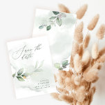 Wasserfarbenes Blattwerk und metallische Goldhochz Save The Date<br><div class="desc">Ethische Aquarellfolien und metallische goldene Wirkung Hochzeit speichern das Datum einladen. Mit schönen Aquarelldetails. Diese moderne Hochzeitsfeier lädt zum Set des Stils für Ihren großen Tag ein.</div>