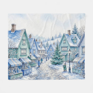 Wasserfarbenes Blau Grünes Weihnachtsdorf-Markt Fleecedecke
