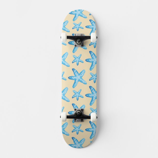 Wasserfarbenes Blau Seestern Muster Skateboard (Vorderseite)