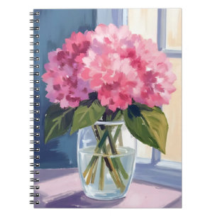 Wasserfarbenes Blumenbouquet mit rosa Hortensien i Notizblock