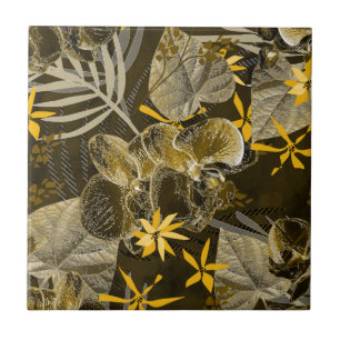 Wasserfarbenes blumengelb-braunes Muster. Fliese