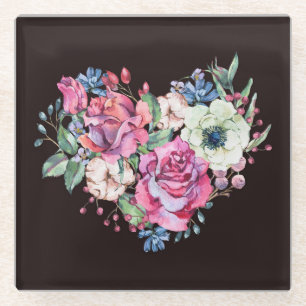 Wasserfarbenes Blumenherz: Vintage Rose. Glasuntersetzer
