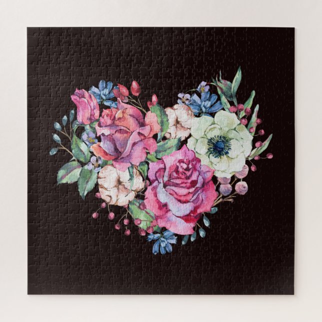 Wasserfarbenes Blumenherz: Vintage Rose. Puzzle (Vertikal)