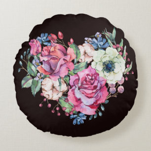 Wasserfarbenes Blumenherz: Vintage Rose. Rundes Kissen