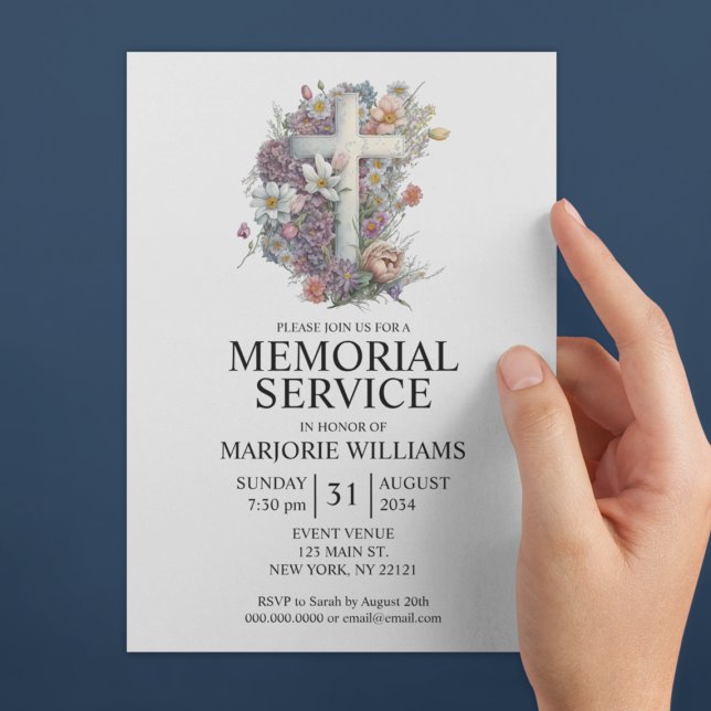 Wasserfarbenes Blumenkreuz Elegantes Gedächtnis Einladung (Watercolor Floral Cross Elegant Memorial Service Invitation
)