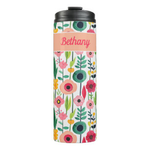 Wasserfarbenes Blumenmuster mit Name Elegant Thermosbecher